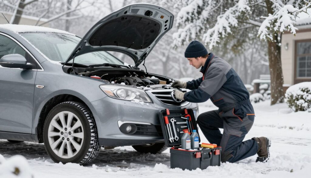 A winter car maintenance scene layered for clarity. In the foreground, a well-maintained car is parked in a snow-covered driveway, with a mechanic in professional attire inspecting the vehicle's engine. The mechanic is focused and diligent, wearing gloves and a beanie to stay warm. In the middle ground, a toolbox is open beside the car, displaying essential winter maintenance tools like wrenches, oil, and antifreeze. In the background, snow-laden trees frame the scene, adding to the winter ambiance. The lighting is soft and diffused, suggesting a cloudy winter day, and a low angle captures the car and mechanic in detail. The mood is practical and informative, emphasizing the importance of winter car care while showcasing a typical winter setting.
