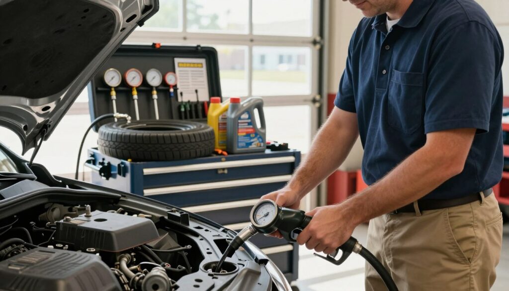 A well-organized mechanic's workspace, emphasizing smart strategies for saving money on gas. In the foreground, a mechanic in a clean, navy blue shirt and khaki pants is inspecting a fuel-efficient car with a detailed look at the gas gauge. In the middle ground, a neatly arranged toolbox features various gas-saving tools like tire pressure gauges, oil cans, and maintenance guides, hinting at tips for vehicle care. The background reveals a sunny Raytown garage, with large windows allowing natural light to illuminate the scene, creating a bright and optimistic atmosphere. Soft shadows enhance the depth of the space, while a warm color palette reflects a practical, yet friendly vibe, encouraging readers to embrace cost-saving methods.